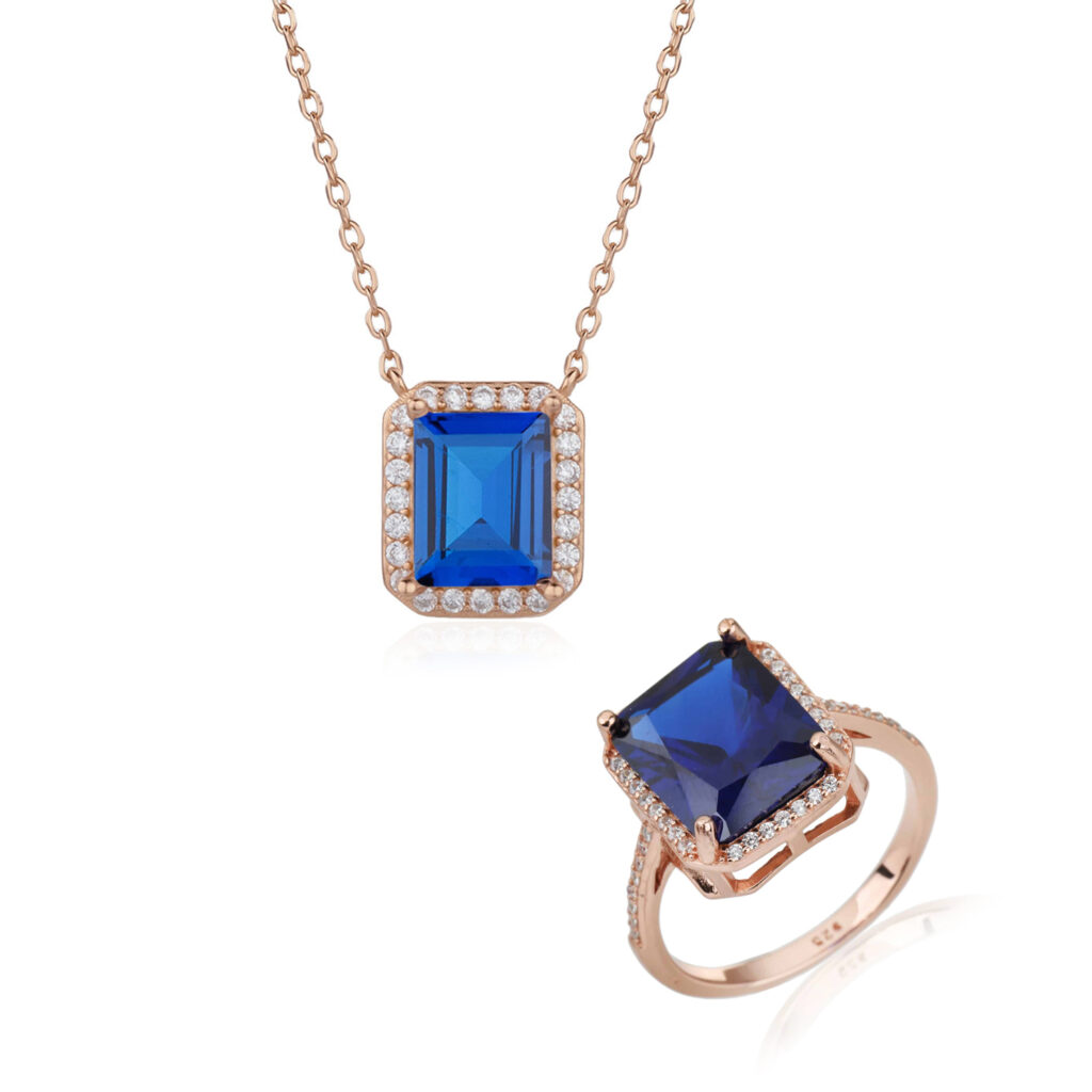 סט תכשיטי רוז גולד עם אבנים כחולות